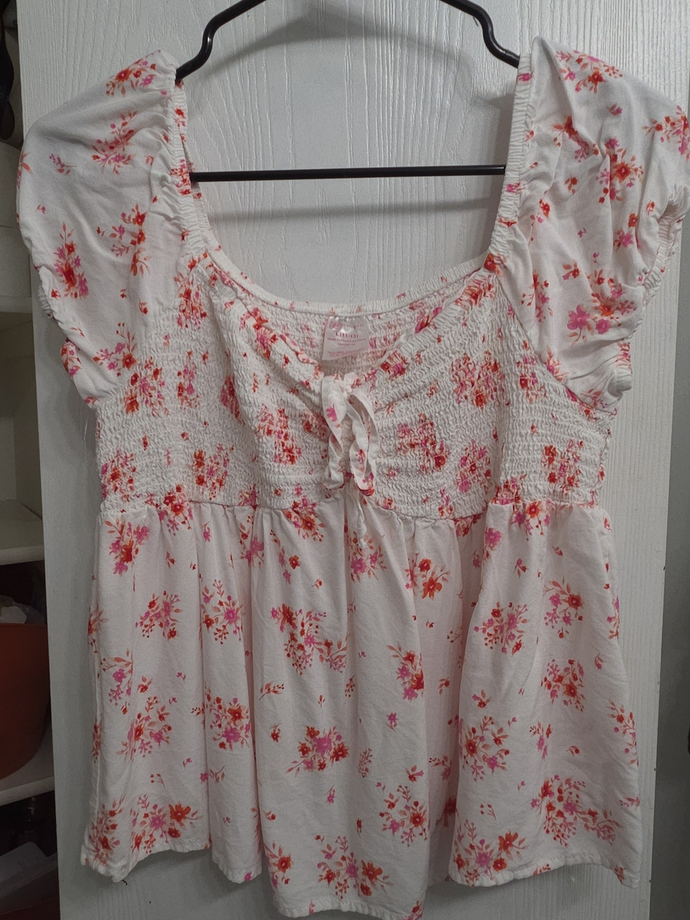 Gymboree White Floral Smocked Peasant Top - Pink & Coral Print